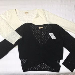 (2) Black and Ivory Lacy Cut-Out Crop Tops